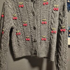 Gray Cherry Embroidered Women's Sweater